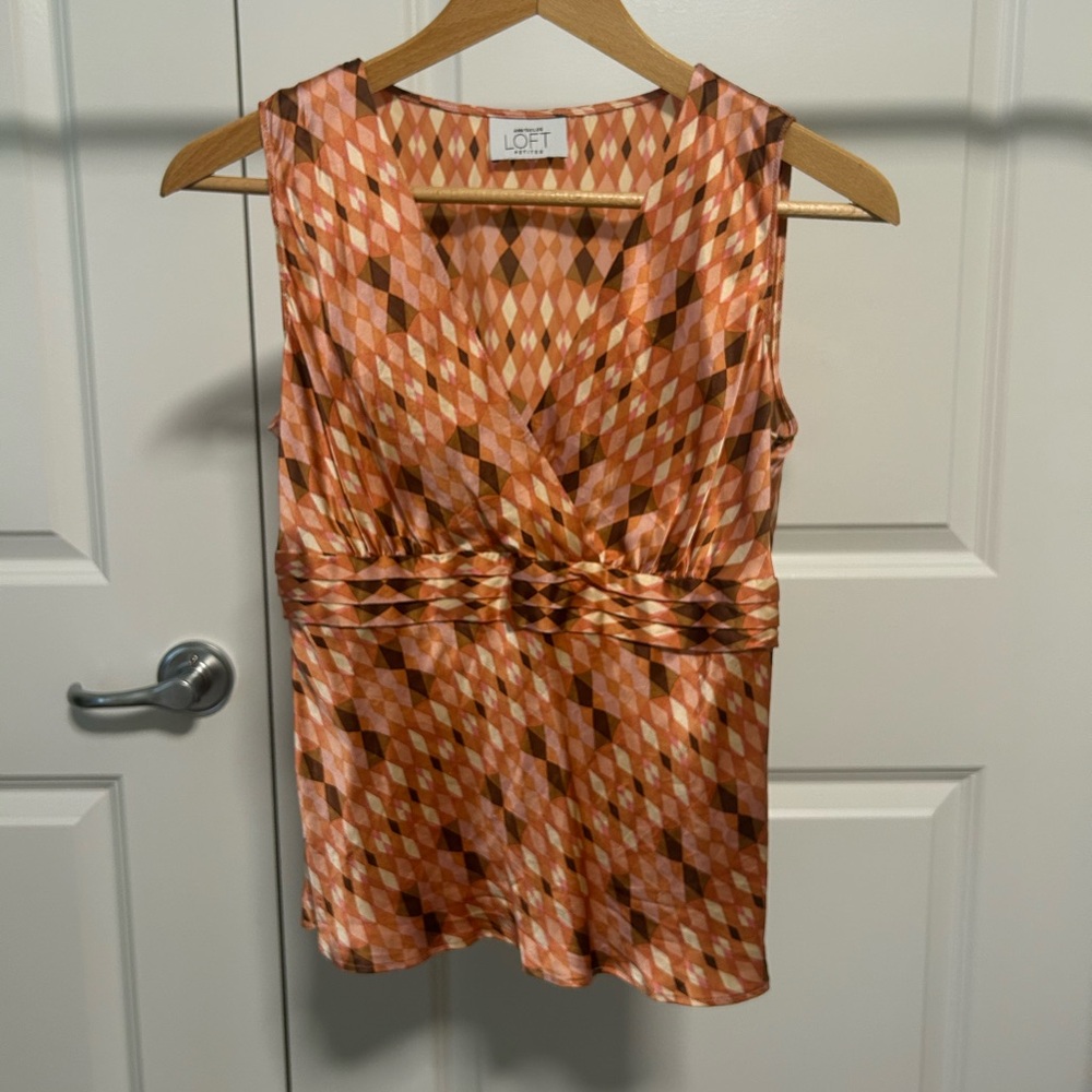 LOFT Petites Women's Diamond Pattern Satin Tank Top Blouse - Orange, Pink, Brown